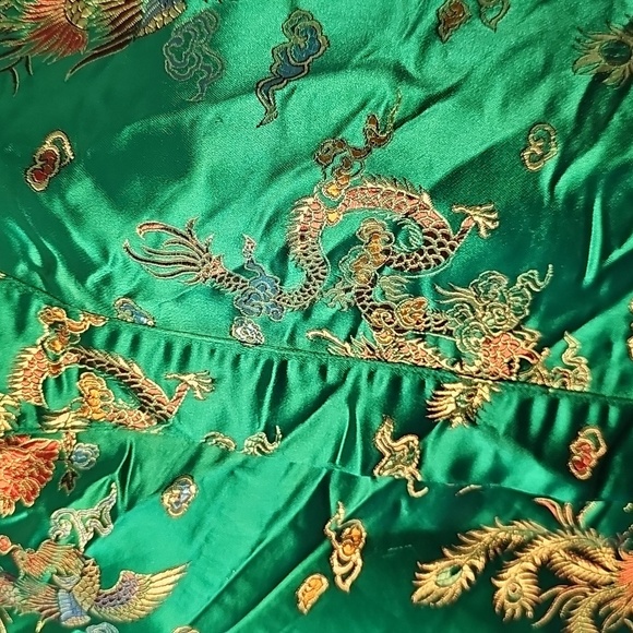 Emerald Green Kimono Robe Dragon Phoenix Embroidered Oriental Asian Style - Picture 2 of 6